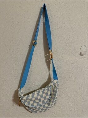 Blue Checkered Crossbody Bag with Adjustable Strap